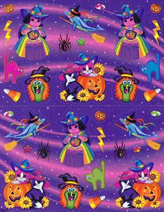 a purple background with witches and pumpkins