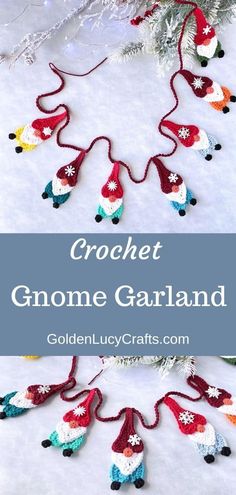 crochet gnome garland with bells and snowflakes