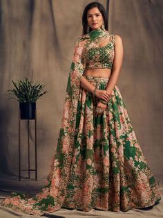 Green Floral Embroidered Organza Wedding Wear Lehenga Choli Green Lehenga Choli, Engagement Lehenga, Lehenga Choli Designs, Bridesmaid Lehenga, Sabyasachi Lehenga, Floral Lehenga, Organza Lehenga, Wedding Lehengas, Lengha Choli