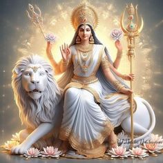 a woman sitting on top of a white lion next to a golden crown and holding a staff