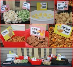 a collage of pictures showing different types of food at a farmyard birthday party