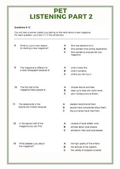 the pet listening part 2 worksheet is shown in green and has words on it