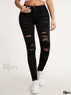 Bjux - High-Stretch Distressed Black Skinny Jeans with Ripped Holes - Womens Slim Fit Denim Clothing Edgy Ripped Stretch Jeans, Black Stretch Distressed Jeans, Stretch Ripped Black Jeans, Stretch Black Ripped Jeans, Black Stretch Ripped Jeans, Trendy Stretch Jeans With Holes, Stretch Distressed Grunge Jeans, Distressed Stretch Jeans In Grunge Style, Edgy Stretch Distressed Jeans