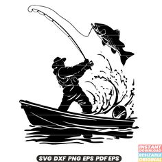 a man in a boat with a fish on it and the words svg dxf