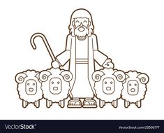 the shepherd with his flock of sheeps in black and white line art style illustration