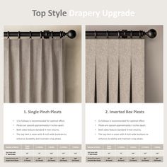 the top style drapery upgrade is shown in three different colors and sizes, including one with