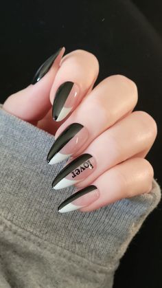 "Half black, half french tips with \"lover\" on one ring finger. Can switch to initials or short name in customization. Important information: LEAVE YOUR SIZE IN A NOTE OR MESSAGE AFTER ORDERING. 10 nails made in your favorite nail shape and length made to order. Please message for a full set (20-24 nails). Extra Small - 3-6-5-7-9 Small - 2-5-4-6-9 Medium - 1-5-4-6-8 Large - 0-4-3-5-7 Extra Large - 0-3-2-4-6 Includes liquid nail glue (2+ weeks wear time) in a prep kit (mini nail file, buffer, wo Nails Extra, Liquid Nails, Black Nail Designs, Dry Nails, French Tips, Nail Glue, One Ring, Ring Finger, Black Nails