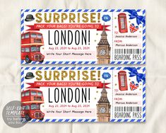 two tickets with the london bus and big ben on them for a birthday or baby shower