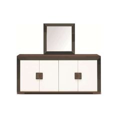 a white and brown dresser with a mirror on top