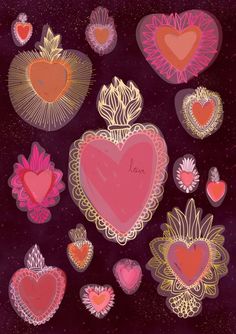 hearts and flowers are arranged in the shape of a heart on a dark purple background