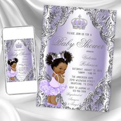 a baby shower is displayed next to an iphone and white satin material with silver trim