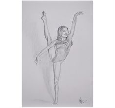 a pencil drawing of a woman in a leotard with her arms raised up