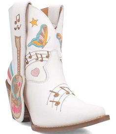 From Dingo&#x2C; the Melody Leather Embroidered Western Booties feature:Leather upperEmbroidered detailsPull-on closureFabric liningCushioned insoleRubber outsoleapprox. 3" heel heightapprox. 7" shaft heightapprox. 11" shaft circumferenceImported. White Embroidered Pointed Toe Boots, White Embroidered Round Toe Boots, White Embroidered Snip Toe Boots, The Melody, Western Booties, Western Cowboy Boots, Dillard's, Western Boots, Boot Shoes Women