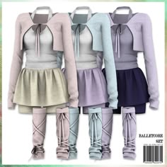 four different colored sweaters and skirts with ties on the front, two are tied together