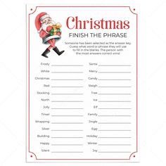 a christmas printable game with santa claus carrying gifts and the words, finish the phrase