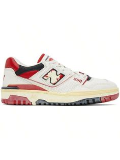 New Balance 
White & Red 550 Sneakers 
Low-top buffed leather and mesh sneakers in white, red, and black. 
. Perforated detailing and smudging throughout 
. Lace-up closure 
. Logo patch at padded tongue 
. Padded collar 
. Logo appliqué at sides 
. Logo embossed at heel counter 
. Buffed leather lining 
. Logo embossed at textured rubber midsole 
. Treaded rubber sole 
Supplier color: Sea salt/Team red/Black 
Upper: leather. Sole: rubber. 
Made in Viet Nam. 
241402M237114 
White & Red 550 Sneak Retro Red Sneakers For Streetwear, Urban Red Sneakers For Streetwear, Retro Red Custom Sneakers For Streetwear, Sporty High-top Sneakers With Red Sole For Streetwear, Red Sneakers With Contrast Sole For Streetwear, Red Urban Sneakers With Contrast Sole, Mid-top Sneakers With Red Sole For Streetwear, Sporty Skate Shoes With Red Sole For Streetwear, Red Lace Skate Shoes For Streetwear