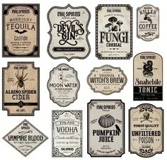 twelve vintage halloween labels with pumpkins and witches on them, all in black and white