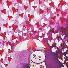 a cartoon penguin holding an umbrella in front of heart shaped hearts on a purple background