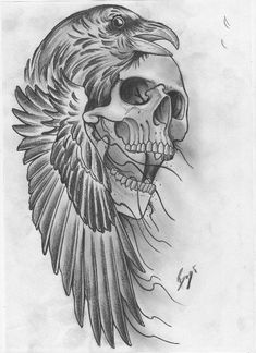 a drawing of a skull with a bird on it's head and wings in the background