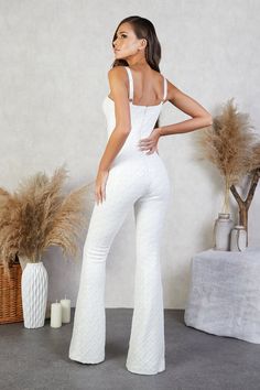 Hailey White Jumpsuit - NADINE MERABI Nadine Merabi, Beautiful Jumpsuits, White Pajamas, Fitted Jumpsuit, Ball Gown Skirt, White Velvet, Red Jumpsuit, Quality Dresses, Thread Embroidery