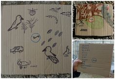 several pictures of birds and plants on cardboard