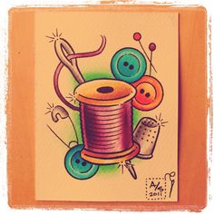 a drawing of a spool of thread and buttons