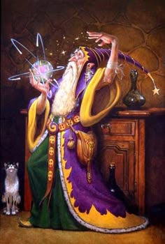 a painting of a wizard holding a crystal ball in his hand and sitting on a table next to a cat