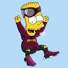 the simpsons is jumping in the air with his feet up and wearing ski goggles