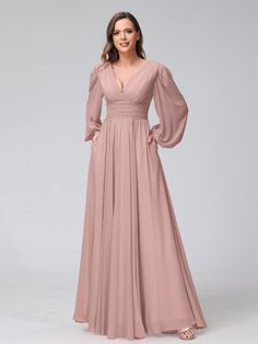 Lavetir sells a large selection of 2023 new bridesmaid dresses and wedding party dresses online. Here is the dress detail: Fabric: Chiffon; Silhouette: A-Line/Princess; Neckline: V-Neck; Hemline/Train: Floor-Length; Embellishment: Ruffles; Split Side; Pockets; Sleeve: Long Sleeves; Waist: Other; Back Style: Zipper; Built-In Bra: Yes; Season: Spring;Summer;Autumn;Winter. Pink Brides Maid Dresses, Pink Floor, Bridesmaid Dresses Long Chiffon, Prom Dresses Simple, Bridesmaid Dresses Long, Bridesmaid Dress Ideas, Chiffon Wedding Dress, Chiffon Bridesmaid Dresses, Bridesmaid Dresses Online