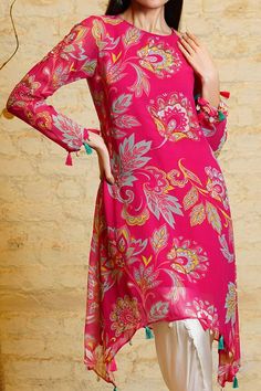 Pink asymmetric kurta with floral print and sequin, tassels embroidery. Paired with a dhoti pant. - Aza Fashions Tassels Embroidery, Tassel Embroidery, Asymmetric Kurta, Dhoti Pants, Tunic Pattern, Pant Set, Pink Silk, Set For Women, Aza Fashion