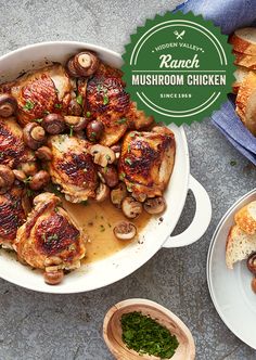 chicken with mushrooms in gravy and bread on the side