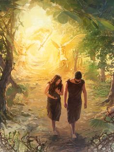 two people are walking through the woods with sunlight coming in from behind them and on their backs