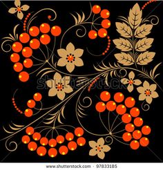 an orange and brown floral design with leaves, berries and flowers on a black background