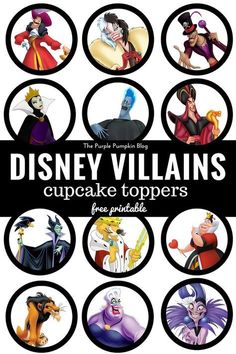 the disney villain cupcake toppers are shown in black and white, with different cartoon characters