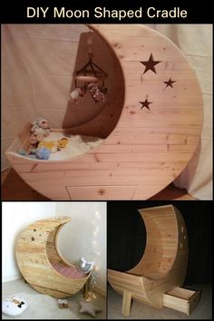 the moon shaped cradle is made out of wood and has stars on it's sides