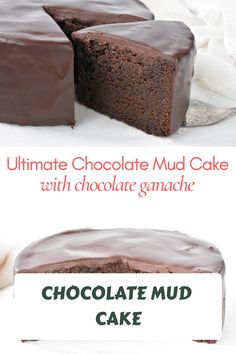 chocolate mud cake with chocolate ganache is cut into slices and served on a plate