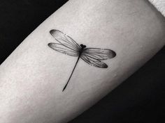 a black and white photo of a tattoo with a dragonfly on the arm,