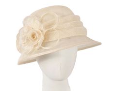 Elegant cream sinamay hat with hand made flower from Max Alexander collection. Featuring cloche bucket hat design with classic small brim, this is a perfect hat for races or any occasion.  Designed in Australia by Max Alexander  Classic cloche shape  Sinamay hat  Fits sizes up to 58cm Elegant Adjustable Brimmed Bucket Hat, Cream Cloche Hat For Summer Church Events, Beige Cloche Hat For Church, Beige Formal Cloche Hat With Short Brim, Formal Beige Cloche Hat With Short Brim, Summer Cream Cloche Hat For Church, Elegant Short Brim Bucket Hat For Spring, Elegant Summer Cloche Bucket Hat, Spring Formal Cloche Hat