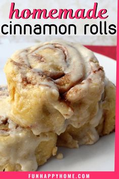 cinnamon rolls are stacked on top of each other with the title in the middle above it