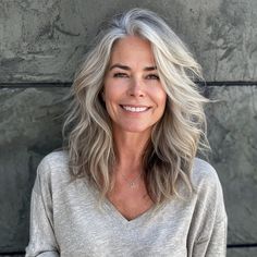 Silver Medium Length Hair, Lived In Grey Blonde, Long Layered Grey Hair, Long Layered Silver Hair, Long Hair 50 Year Old Women, Long Shag Haircut Grey Hair, Long Wavy Grey Hair Over 50, Grey Hair Lowlights, Long Layered Grey Hair With Bangs