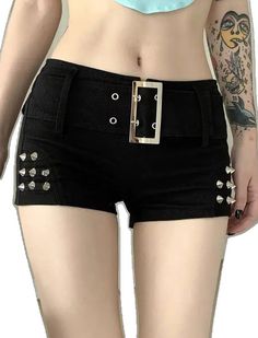 Edgy High Waist Jean Shorts With Belt Loops, Y2k Short Bottoms With Belt Loops, Y2k Style Short Bottoms With Belt Loops, Punk Style Short Jean Shorts For Summer, Gothic Fitted Bottoms With Rivets, Punk Style High-waisted Jean Shorts For Summer, Punk High Waist Jean Shorts For Summer, Summer Punk High Waist Jean Shorts, Edgy Jean Shorts With Belt Loops For Summer