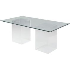 a glass table with a clear top and two legs on the bottom, in front of a white background