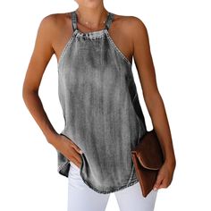 Gray Denim Halter Tank Top Casual Dark Wash Summer Tops, Dark Wash Casual Summer Tops, Casual Dark Wash Tops For Summer, Casual Washed Denim Top For Summer, Trendy Dark Wash Summer Tops, Trendy Dark Wash Tops For Summer, Light Wash Summer Top, Spring Gray Washed Tops, Stretch Washed Tops For Summer