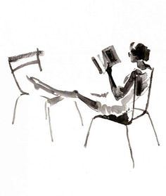 a drawing of a person sitting at a table with a book in their hand, reading