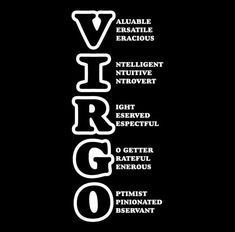 the words virgo written in white on a black background with other words below it