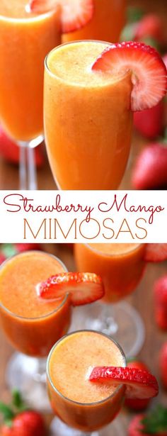 strawberry mango mimosas with strawberries on the rim and in glasses, ready to be served