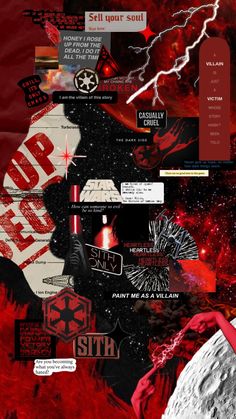 a collage of various images and text on a red background with black and white graphics