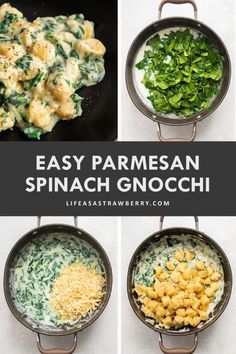 four different types of pasta in pans with the words easy parmesan spinach gnocchi