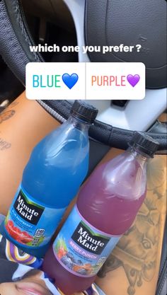 two bottles of juice sitting next to each other on a car seat with the caption which says, which one you prefer?