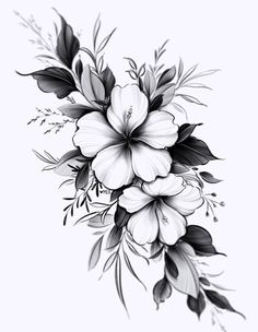 a black and white drawing of flowers with leaves on the bottom half of their petals